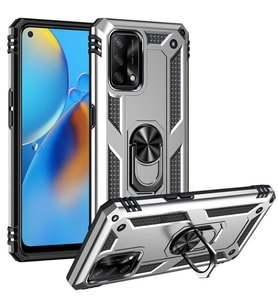 Oppo A74 4G Kılıf Metal For Car Yüzüklü Standlı Military Ring Serisi (Gümüş)