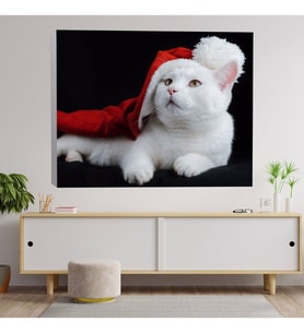 Noel Şapkalı Beyaz Kedi Dekoratif Kanvas Tablo