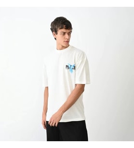 Unisex Bisiklet Yaka Baskılı Oversize T-Shirt - Beyaz