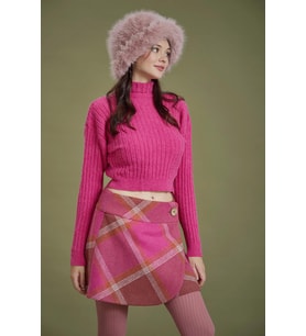 Pembe Desenli Büyük Düğmeli Kışlık Mini Etek