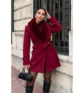 Neşeli butik kadın cep detaylı kuşaklı yaka kürklü kısa kaşe kaban NBSTR1019