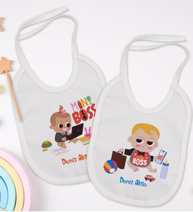 BK Kids Kişiye Özel Mini ve Little Boss Tasarımlı 2’li Beyaz Mama Önlüğü-1