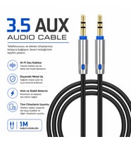1 Metre AUX Kablo 3.5mm Stereo Ses Kablosu Güçlü ve Net Ses Aktarımı