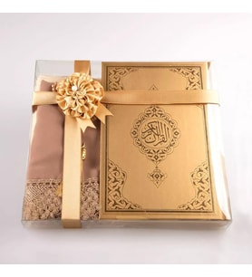 Şal + Seccade + Tesbih + Kuran Hediye Seti (Çanta Boy, Ekonomik Cilt, Gold)