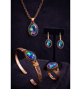 Kadın Bakır Bileklik Yüzük Küpe Kolye Takım Seti Doğal Mistik Topaz Oval Model Bakır Set