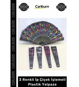 Özel Üretim Model 3 Renkli İp Çiçek İşlemeli Katlanabilir Taşınabilir Şık Dekoratif Plastik Yelpaze