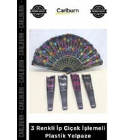 Özel Üretim Model 3 Renkli İp Çiçek İşlemeli Katlanabilir Taşınabilir Şık Dekoratif Plastik Yelpaze