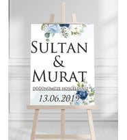 Söz Nişan Düğün İçin 50x70 Karşılama Panosu - Mavi Beyaz Çiçek Tasarımlı