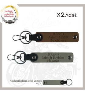 Motor Severlere, İsim Plaka ve 0 Rh (-) Kan Grubu, Özel Tasarım x2 Anahtarlık Set, Kül Gri-Kahve-Gr (Çok Renkli)