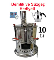 10 Litre Paslanmaz Metal Odunlu Kömürlü Çay Semaveri Büyük Çift Musluklu DEMLİK HEDİYELİ Semaver 10
