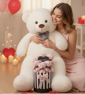 Sevgililer Günü Hediyesi 90 Cm Peluş Ayı + Aynalı Mesajlı Silindir Ayıcık Buketi  Romantik Sevgiliye Kıza Özel Set (Beyaz)