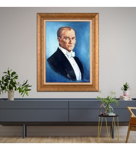 Altın Varaklı Çerçeveli Paspartulu Atatürk Tablo TR0674 (Gold)