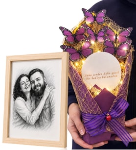 Kişiye Özel Karakalem Fotoğraflı Ahşap Çerçeve ve Led Işıklı Aynalı Kelebek Buketi Hediye Seti
