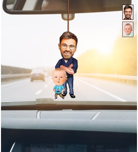 Kişiye Özel Karikatürlü Baba-Oğul Ahşap Araba Dikiz Ayna Süsü