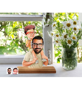 BK Gift Kişiye Özel Baba Oğul Karikatürlü Ahşap Standlı Pleksi Biblo-20, Aileye Hediye , Babaya Hediye