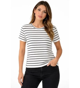 Çizgili Yazlık Triko T-Shirt Bisiklet Yaka Rahat Kalıp Tişört - Beyaz