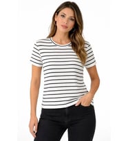 Çizgili Yazlık Triko T-Shirt Bisiklet Yaka Rahat Kalıp Tişört - Beyaz