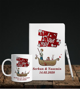 Sevgililer Gününe Özel Beyaz Deri Defter Kalem Kupa Hediye Seti 8