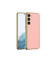 Samsung Galaxy S23 Plus Uyumlu Kılıf Deri Görünümlü Kenarları Elektroplating Kaplama Zore Fizyon Kapak (Pembe)