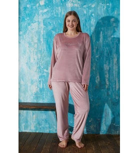 Kadın 13213-1 Büyük Beden Kadife Pijama Takımı PUDRA