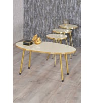 Zigon Sehpa ve Orta Sehpa Elips Gold Metal Ayak Gold Krem Set