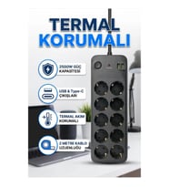 10’lu Termal Korumalı Grup Priz 2500W – USB ve Type-C Çıkışlı 2 Metre Kablolu