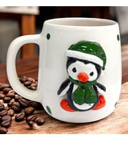 3d Kabartma El Yapımı Seramik Yeşil Bereli Sevimli Penguen Kupa Bardak 400 ml