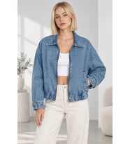 Kadın Fermuarlı Kemerli Oversize Denim Ceket - Beli Kemer Detaylı Kot Ceket - Mavi