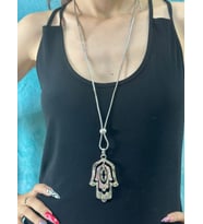 ÇELİK ZİNCİRLİ ÇOKLU FATMA ANA ELİ UNİSEX UZUN KOLYE BOY 40 CM