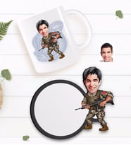 BK Gift Kişiye Özel Asker Karikatürlü Beyaz Kupa ve Ahşap Bardak Altlığı Hediye Seti-1