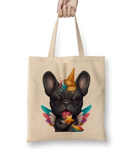 Black French Bulldog Ice Cream Unicorn Bez Çanta Uzun Saplı