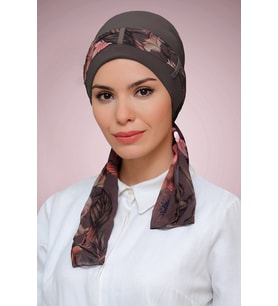 Vizon Pratik Hazır Geçmeli Tesettür Bone Sandy Kumaş Desenli Şifon Kemerli 1205D_10