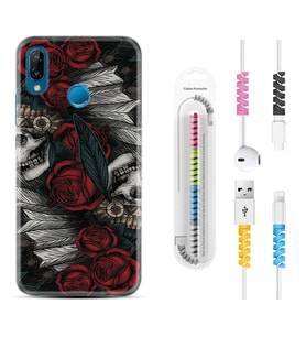 Huawei P20 Lite Mate 10 20 Lite Pro P40 Lite KılıfKablo Koruma Spiral Silikon Skull Rose 1673