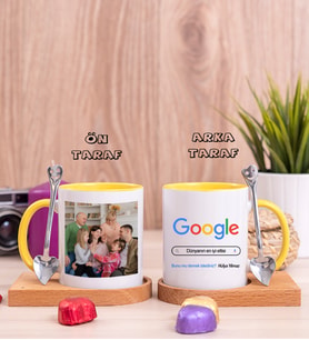 Eltiye Hediye Google Tasarım Fotoğraflı Ahşap Altlıklı Sarı Kupa