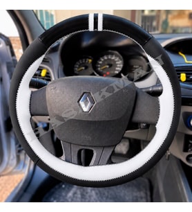 Renault Scenic 3 Dikme Direksiyon Kılıfı Parlak Siyah Beyaz Detaylı Beyaz Çift Yüzük ve Dikiş 2009-2016