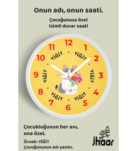İsme Özel Sevimli Kedi Çocuk Odası Duvar Saati Orta Boy 30 cm Beyaz Camlı Sessiz