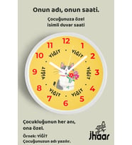 İsme Özel Sevimli Kedi Çocuk Odası Duvar Saati Orta Boy 30 cm Beyaz Camlı Sessiz