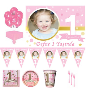 1 Yaş Pırıltılı Temalı 8 Kişilik First Birthday Kız Parti Seti, 1 Yaş Doğum Günü Süsleri-