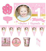 1 Yaş Pırıltılı Temalı 8 Kişilik First Birthday Kız Parti Seti, 1 Yaş Doğum Günü Süsleri-