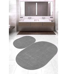 Dijital Baskılı Kaymaz Taban Yıkanabilir Oval 2'li Klozet Takımı Banyo Paspası NOKZ-SD-1039 (Gri)