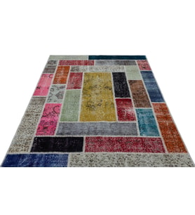 Çok Renkli El Dokuma Salon Halısı Patchwork Görünümlü Yünlü Modern Oturma Odası Koridor