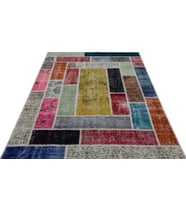Çok Renkli El Dokuma Salon Halısı Patchwork Görünümlü Yünlü Modern Oturma Odası Koridor