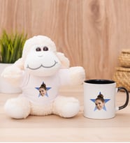 Kişiye Özel Mavi Yıldız Kafa Fotoğraflı Peluş Koyun ve Siyah Kupa