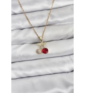 316L Çelik Zincir Gold Renk Kiraz Model Zirkon Taşlı Kadın Kolye - TJ-BKO10854