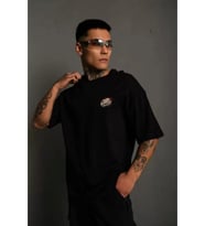 Unisex Bisiklet Yaka Baskılı Oversize T-Shirt - Siyah