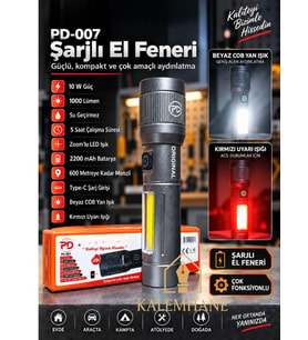 Kalemhane PD-007 Şarjlı El Feneri 1000 Lümen 10W Zoomlu LED, COB Yan Işık, Type-C Şarjlı 2200 mAh