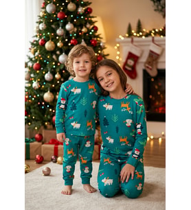 Çocuk Unisex Yılbaşı Desenli Pijama Takımı Kız Erkek Yeşil & Kırmızı 2’li Alt Üst Takım Ak3501