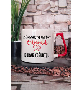 Dünyanın En İyi Ortodontisti Baskılı Kişiye Özel Ortodontist Hediyelik Kırmızı Kulplu Kupa Bardak