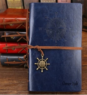 İsme Özel Baskılı Deri Defter - Pusula Denizci Tasarımlı Deri Defter - Kişiye Özel Deri Defter  ( Öğretmene Hediyeler ) (Lacivert-Mavi)