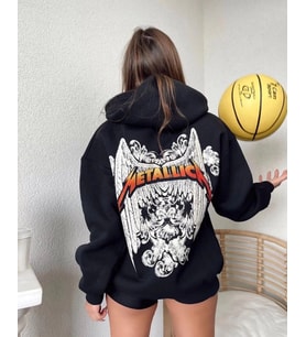 Kadın 2 İplik METALLICA Baskılı Kapüşonlu Hoodie Sweatshirt - Siyah